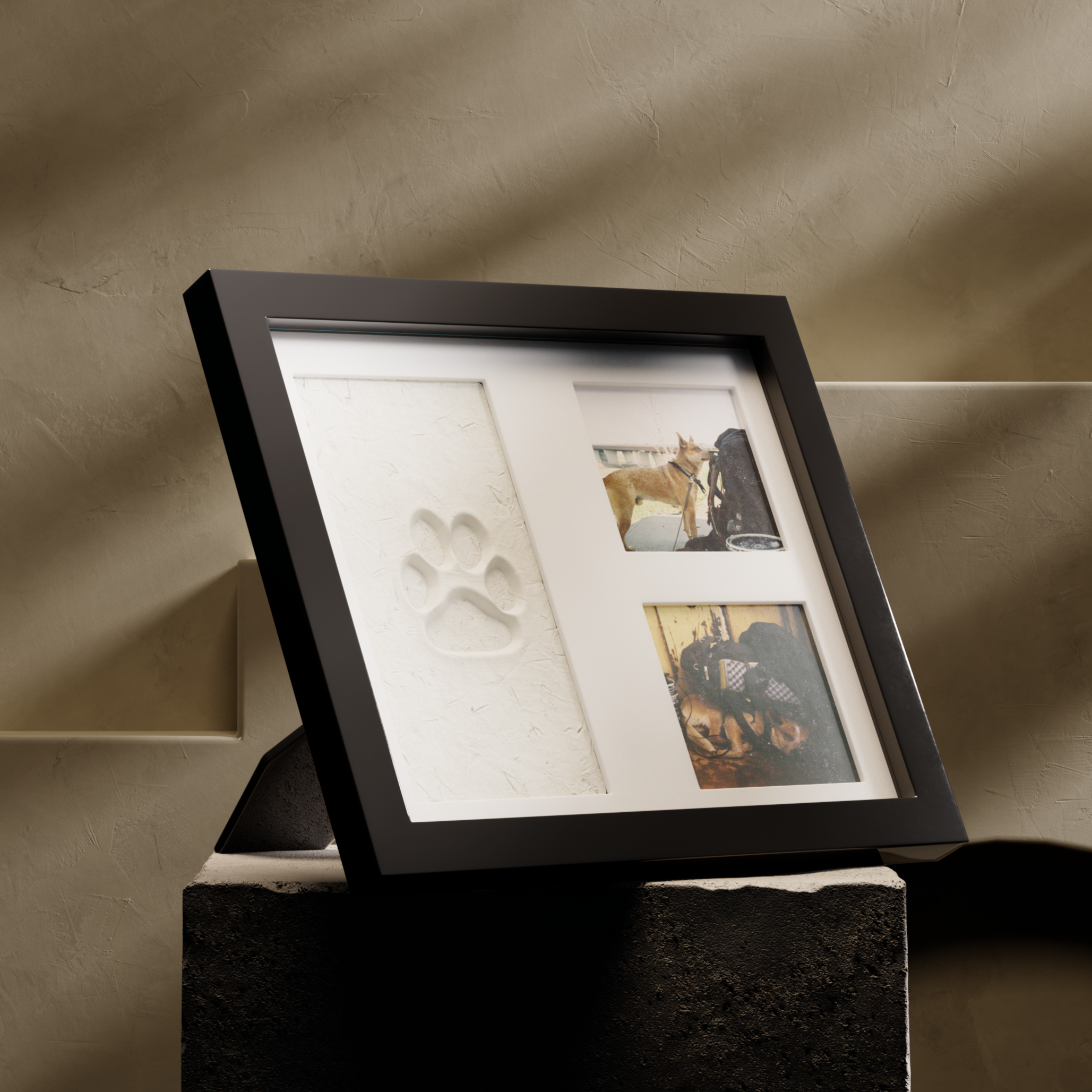 Framed artwork on a stand against a neutral background