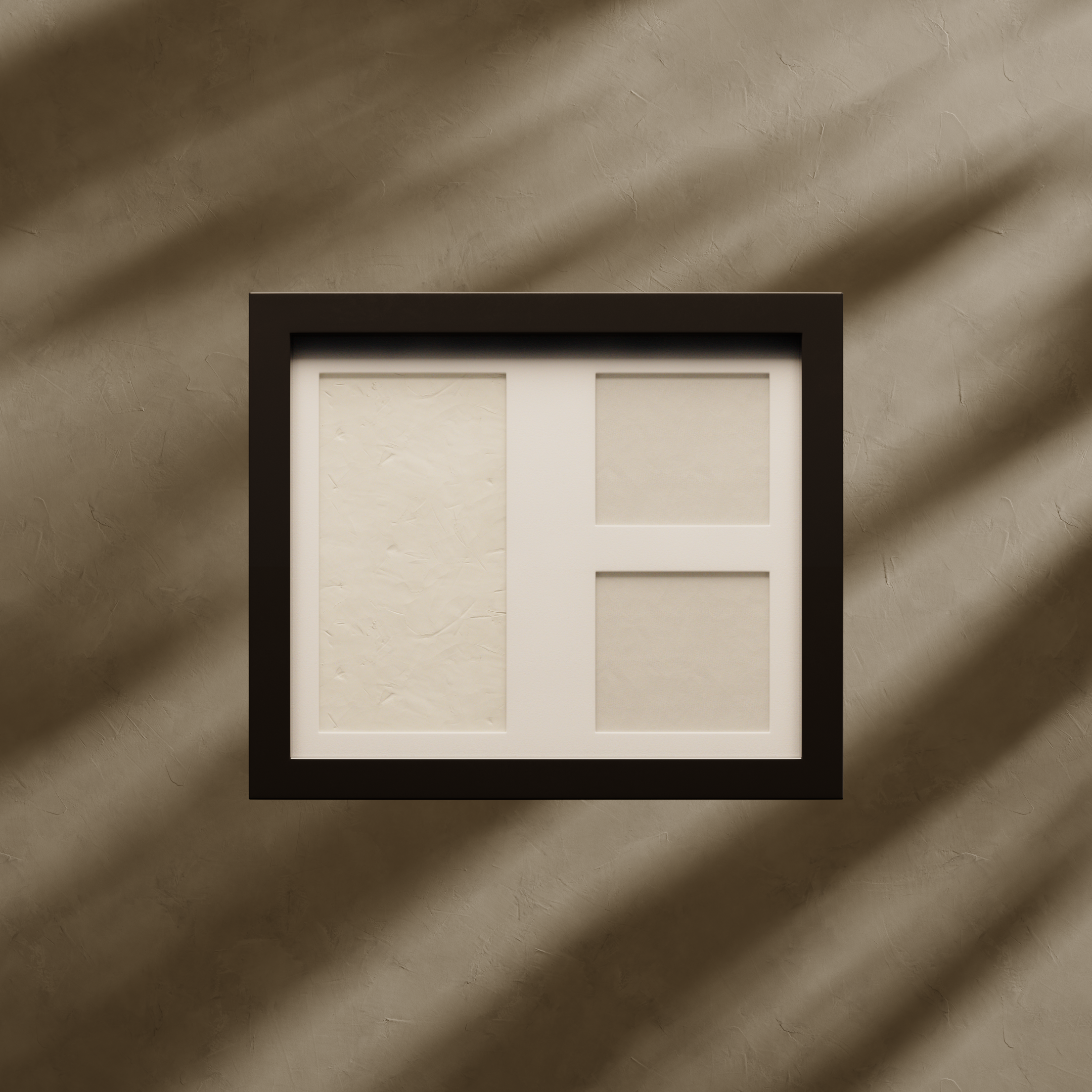 Framed window with beige panes on a textured brown background