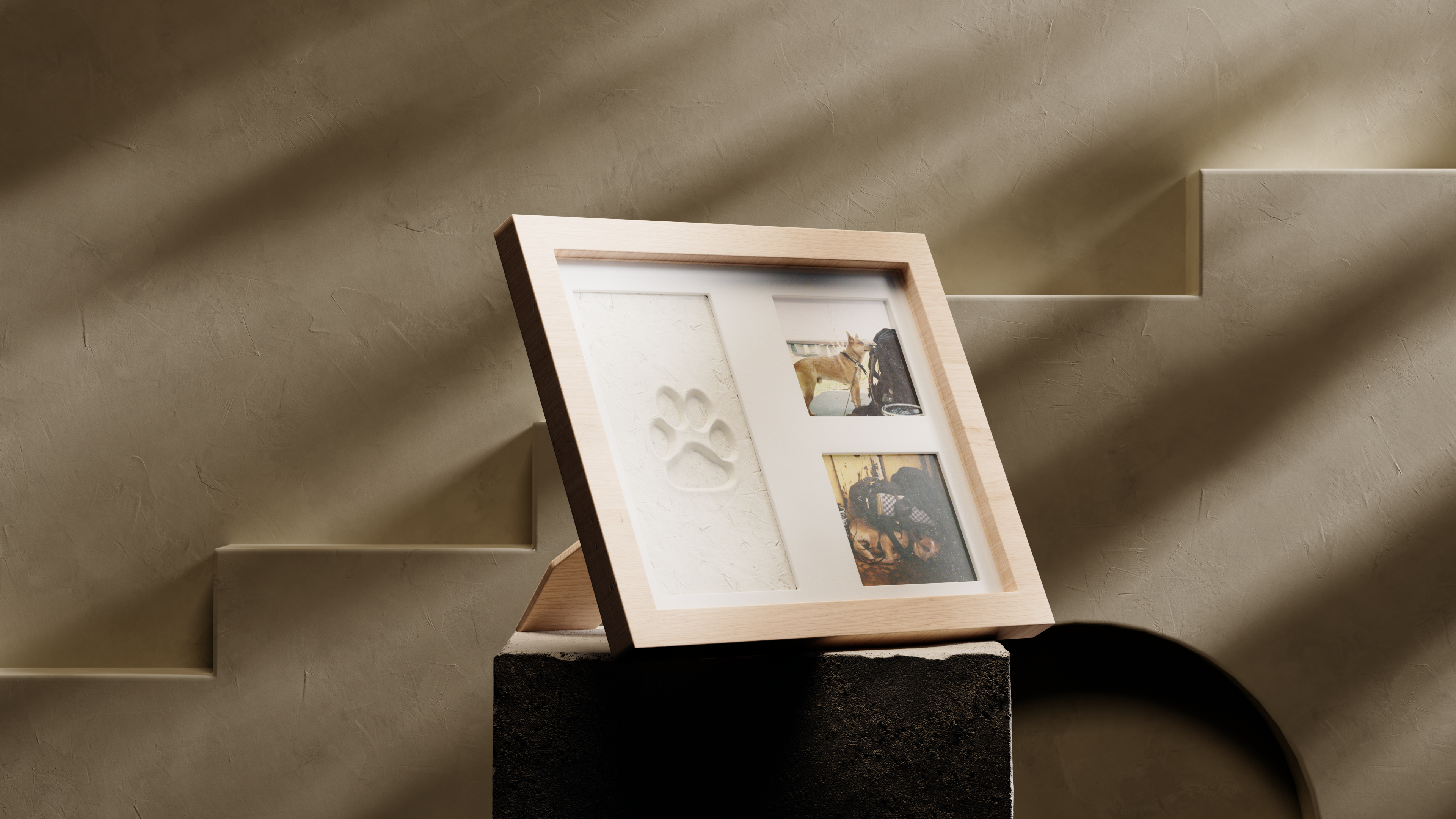 Framed artwork on a stand with a neutral background