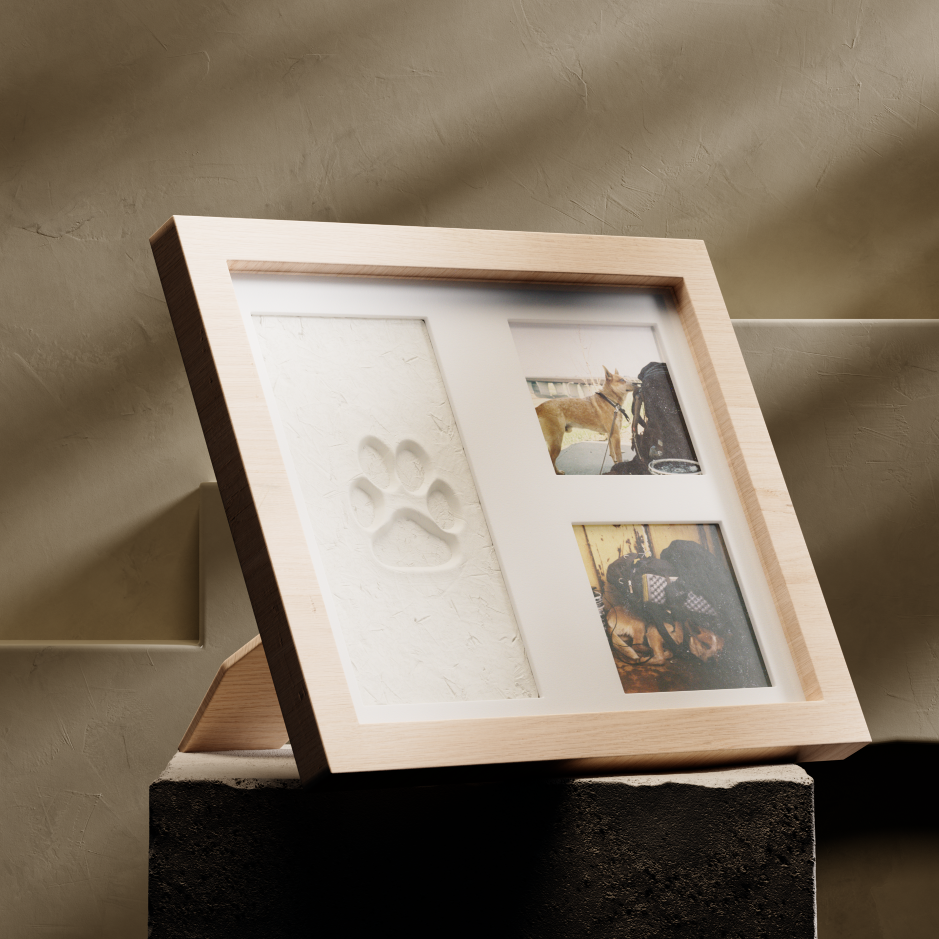 Framed artwork on a stand with a neutral background